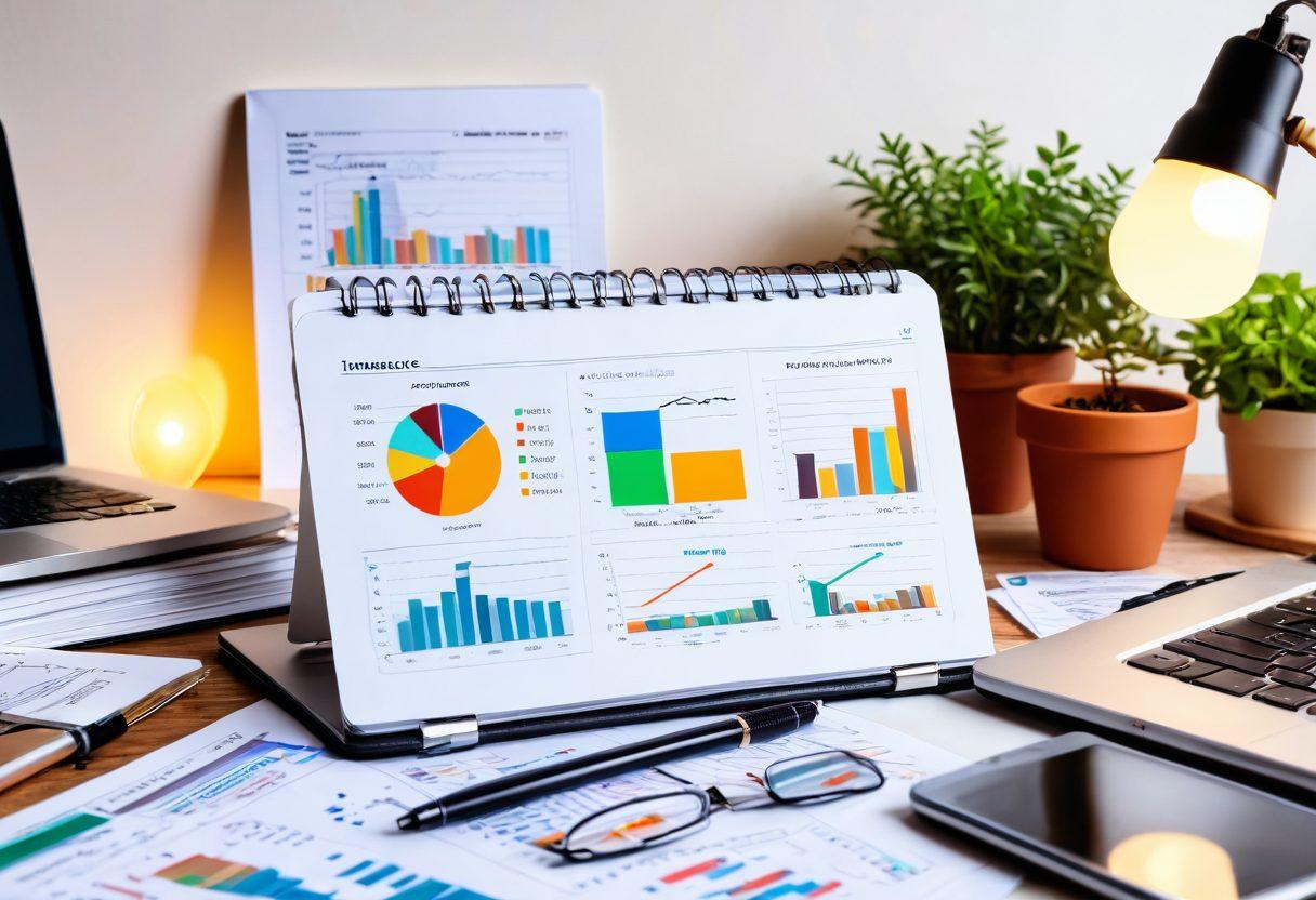 An open notebook filled with graphs and charts depicting insurance analysis, a magnifying glass resting on top, a laptop displaying various insurance plans on the side, and a warm lamp illuminating the scene. Background of a cozy office with a potted plant. super-realistic. vibrant colors. white background.