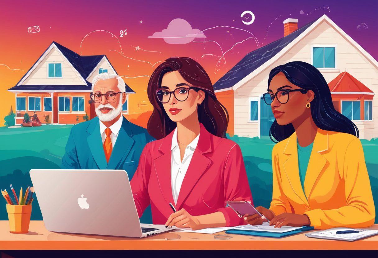 An infographic featuring two diverse individuals, a young woman and an older man, analyzing affordable insurance quotes on their laptops. The background illustrates various insurance symbols like houses, cars, and medical symbols, interspersed with flowing dollar signs. Bright colors highlight key points while maintaining clarity. The style should be modern and engaging, drawing the viewer's attention to the comparison. vector art. vibrant colors.